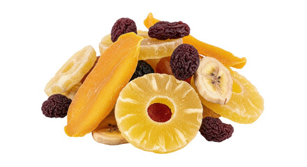 Isolated mix of healthy dried tropical fruits, delicious and nutritious snack or dessert