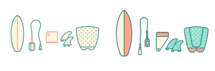 Complete set of surfing equipment including surfboards, fins, leashes, and traction pads for ocean sports activities