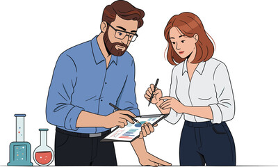 Two scientists collaborating on digital tablet, analyzing data charts and graphs, teamwork in laboratory research, chemistry experiment discussion