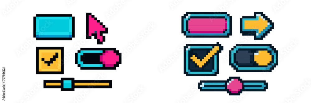 Poster vibrant pixel art user interface elements for retro gaming, web design, and interactive digital appl
