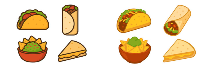 Traditional Mexican food items presented in a vibrant flat design style, featuring a taco, burrito, nachos with guacamole, and a cheesy quesadilla