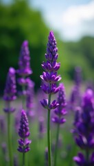 Obraz premium Intense purple Lavandula stoechas against a blurred natural background , blurred, floral