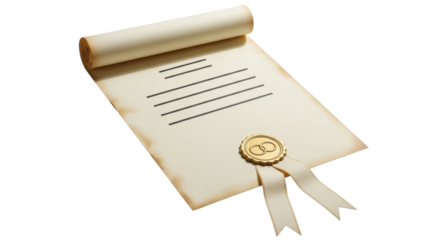 Isolated ceremonial marriage parchment with two intertwined wedding bands on gold seal