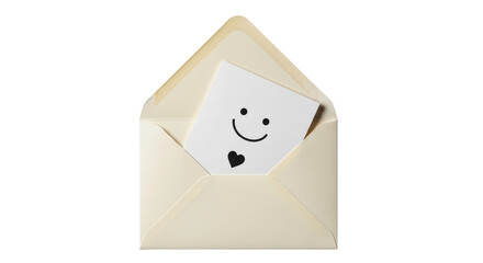 Isolated open cream envelope with happy face card with heart shape, love letter, romance note