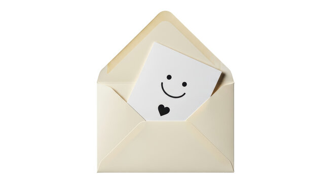 Isolated open cream envelope with happy face card with heart shape, love letter, romance note