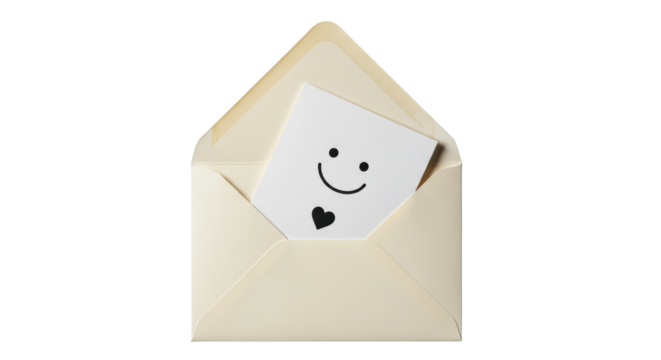 Isolated open cream envelope with happy face card with heart shape, love letter, romance note