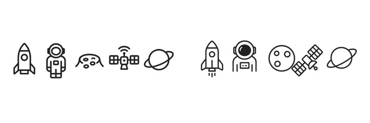 Outline symbols of space exploration, astronomy, cosmos, rocket, astronaut, planet, satellite, and moon surface