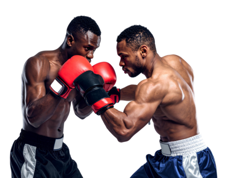 Two professional boxers are punching and fighting in a boxing match, isolated on a transparent background. - Powered by Adobe