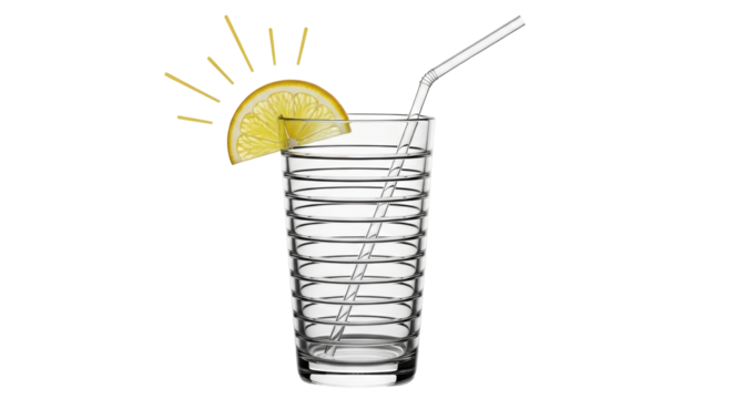 Isolated glass cup with lemon fruit slice and drinking straw offering citrus refreshment