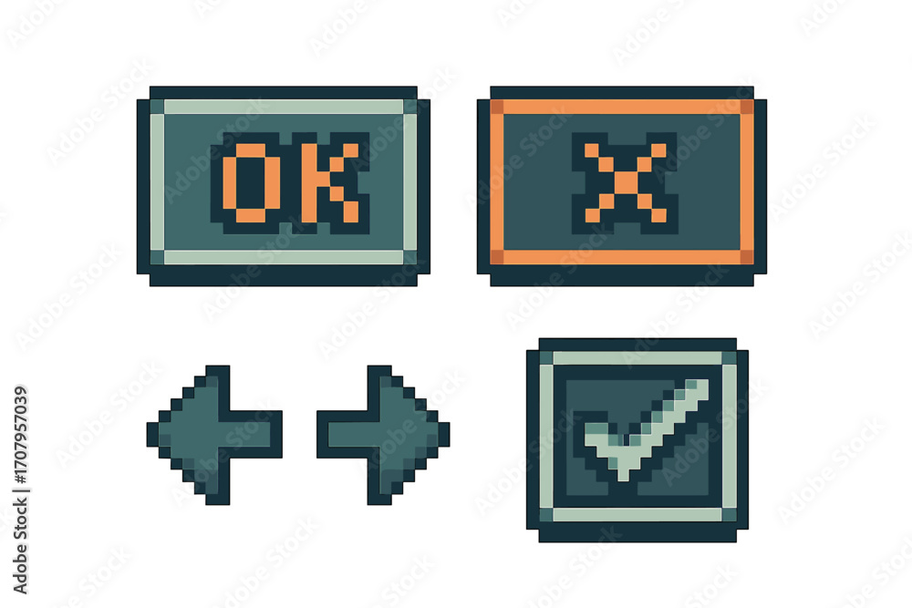 Poster retro pixel art game interface elements with confirmation, cancellation, navigation arrows, and sele