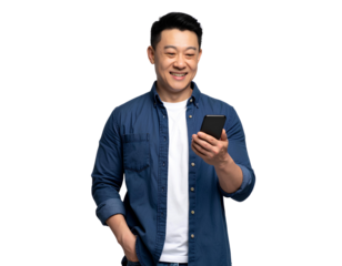 Young Happy Man Looking at His Phone, isolated on a transparent background.
