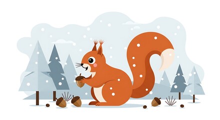 Cheerful Red Squirrel Holding Acorn in Winter Wonderland Forest Illustration.