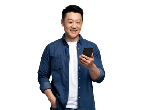 Young Happy Man Looking at His Phone, isolated on a transparent background.