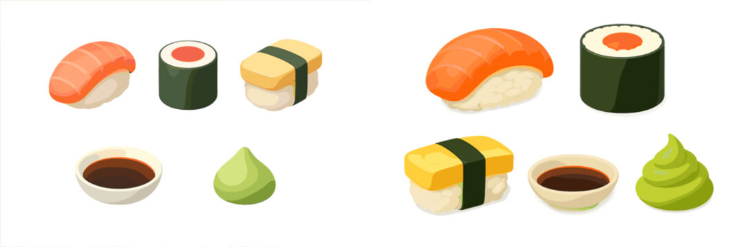 Delicious Japanese sushi set with various rolls and nigiri, including salmon and tamago, served with soy sauce and wasabi