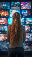 Fototapeta premium The silhouette of a woman against a backdrop of multiple screens showing blurred city footage, an atmosphere of modern technology and loneliness in the digital world — suitable for articles on media, 