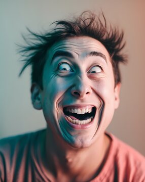 Portrait of a person, filled with a look of amazement and craziness with expression