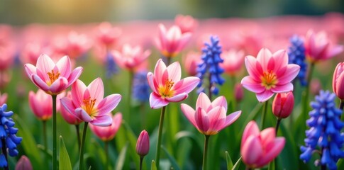 Obraz premium Intricate pattern of cherry blossoms, lilies, and hyacinths in a field , floral design, lily