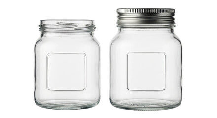 Isolated empty square glass jars with threaded metal lids for storage or canning