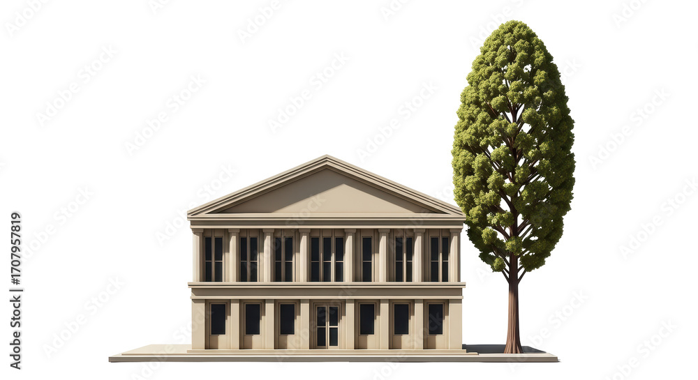 Fototapete isolated neoclassical building model with tree, architectural rendering for design and visualization
