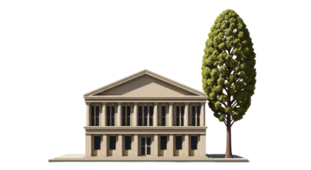 Isolated neoclassical building model with tree, architectural rendering for design and visualization