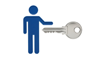 Isolated human figure offering a key for security solutions and access management issues
