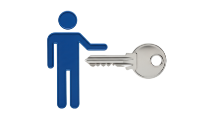 Isolated human figure offering a key for security solutions and access management issues