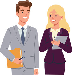 Businessman and businesswoman standing, holding documents, smiling in office environment, formal attire, professional teamwork, corporate communication vector illustration, business concept design