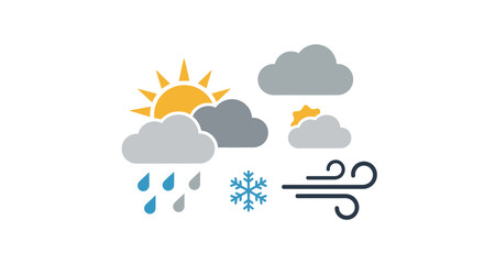Obraz premium Weather icons set with sun clouds rain snow and wind symbols.