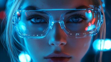 A young woman wearing futuristic glasses with digital elements against a dark background is suitable for articles about technology and innovation in the digital age.