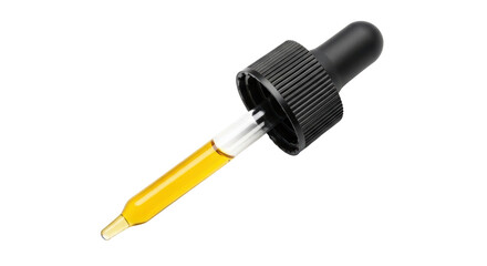 Isolated eye dropper with golden oil liquid for pharmaceutical care treatment use object