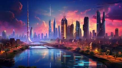 Fototapeta premium Spectacular futuristic city skyline at sunset, a tranquil river reflecting the vibrant hues of twilight