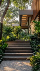 Obraz premium A modern eco-house surrounded by greenery and bathed in sunlight, ideal for articles on sustainable architecture and harmony with nature.