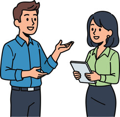 Businessman and businesswoman talking, office discussion, corporate communication, teamwork concept, professional meeting, cartoon illustration, workplace collaboration, flat vector design