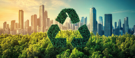 An urban landscape with a green recycling logo against a forest backdrop clearly illustrates the theme of sustainable development and ecology in urban planning.