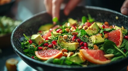 A fresh vitamin salad with avocado, pomegranate, and greens in a black bowl is perfect for cooking magazines, blogs about healthy eating, and advertisements for healthy food.