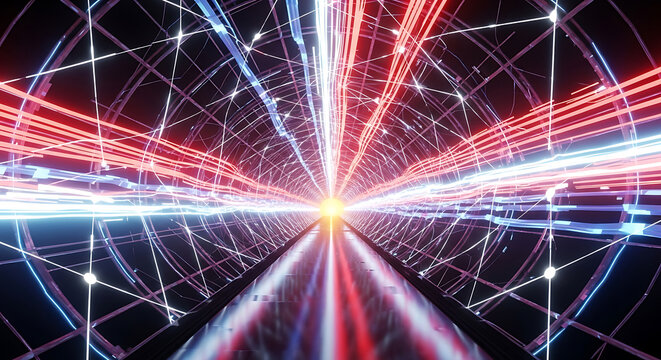 Abstract futuristic tunnel with glowing red and blue light trails