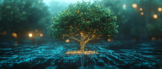 A tree with roots in the form of digital circuits, surrounded by glowing particles — suitable for discussing the digitization of nature and technological progress.
