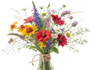 Fototapeta premium Vibrant bouquet of assorted wildflowers, featuring daisies, sunflowers, and lavender, beautifully arranged with greenery and tied with twine