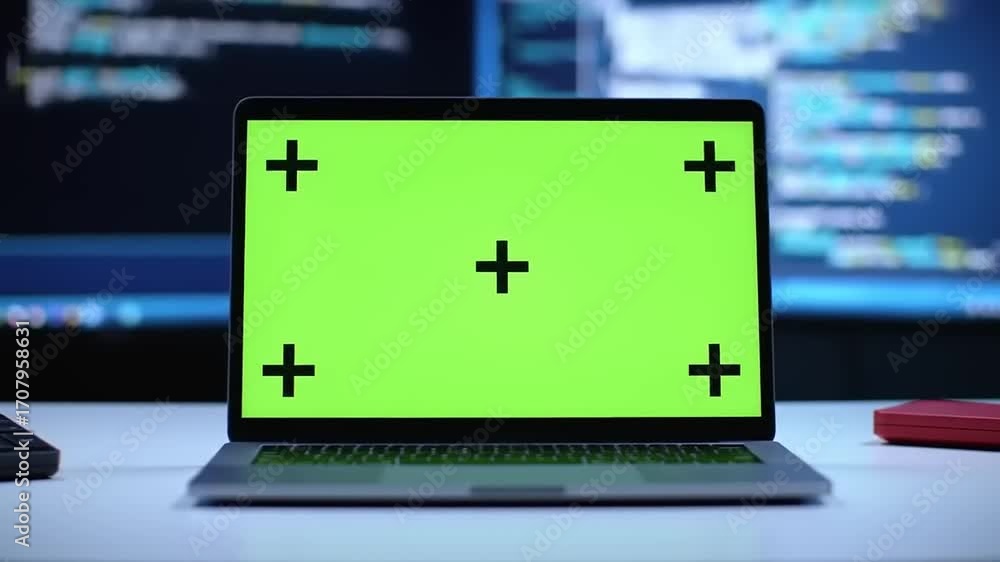 Wall mural laptop with green screen and tracking markers on a desk with code on background screens.