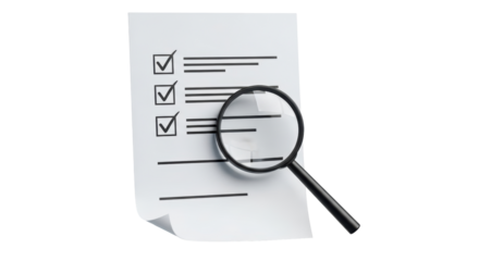 Isolated checklist with magnifying glass for accuracy and careful inspection, audit, review