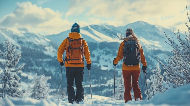 Two tourists skiing among snow-covered mountains, suitable for travel blogs, sports equipment advertising, and articles about winter vacations.