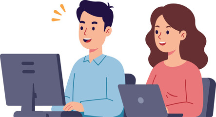 Happy man and woman working together at computers, discussing project, team collaboration in modern office, creative workspace, flat vector illustration