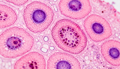 Cross-section of seminiferous tubules under the microscope. Histological sample of animal tissue. Concept for science, medicine, anatomy, pathology, and cell biology research.