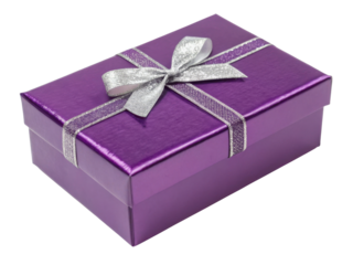 Shiny purple gift box with silver ribbon and bow, perfect for special occasions and celebrations, exuding festive atmosphere