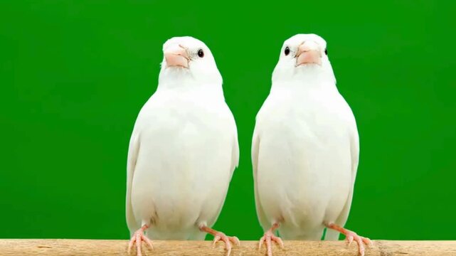 Two white Java sparrows perched on a branch against a green background.