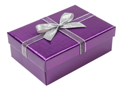 Shiny purple gift box with silver ribbon and bow, perfect for special occasions and celebrations, exuding festive atmosphere