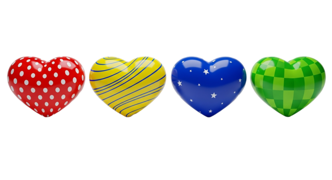An array of brightly colored heart symbols representing diverse affections presented with a on transparent background