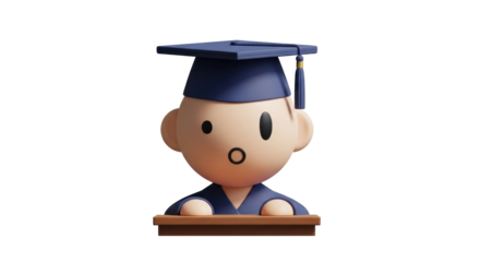 Isolated 3D rendering of cartoon graduate student celebrating graduation day on graduation hat