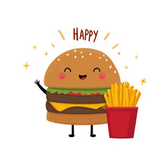 Happy Cartoon Character Holding a Burger and Fries with Joyful Vibes