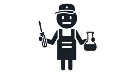 Isolated technician holding screwdriver and Erlenmeyer flask, chemical lab worker